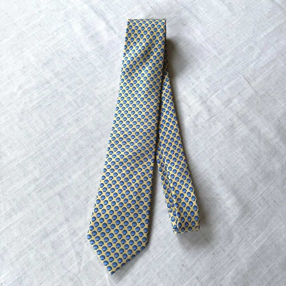 J.Crew Mens Silk Tie Yellow Blue Seashell Nautical Print Necktie